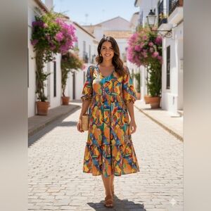 NWOT Briton Court Colorful Boho Midi Dress Abstract Print Size Small